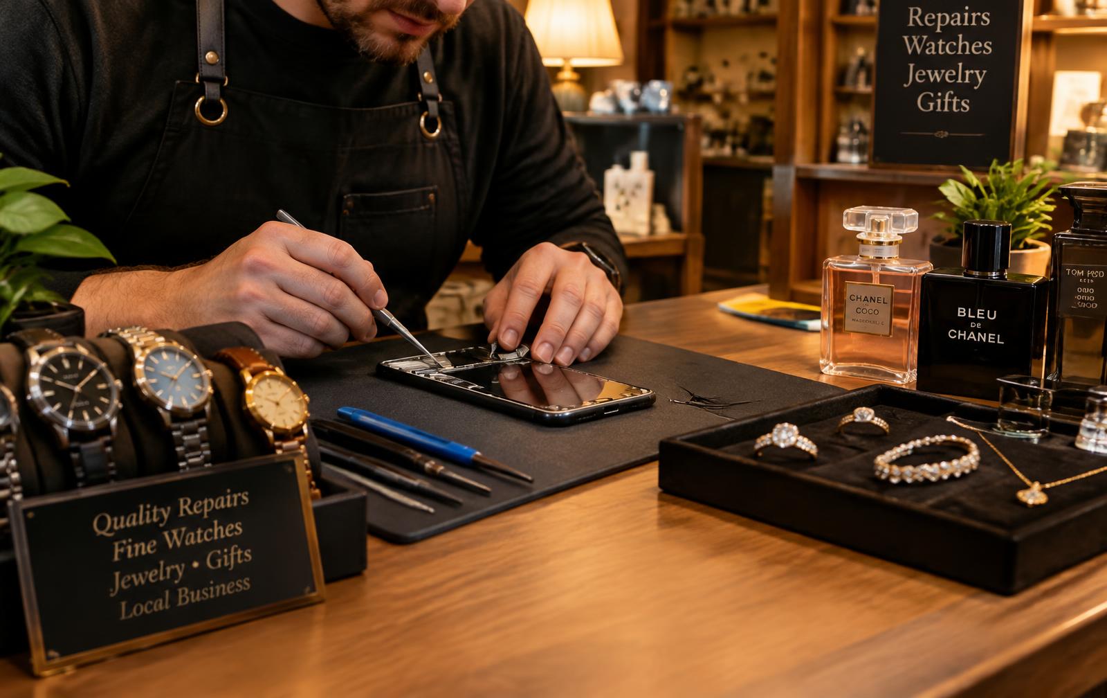 Technician repairing a phone beside watches, jewelry and perfumes